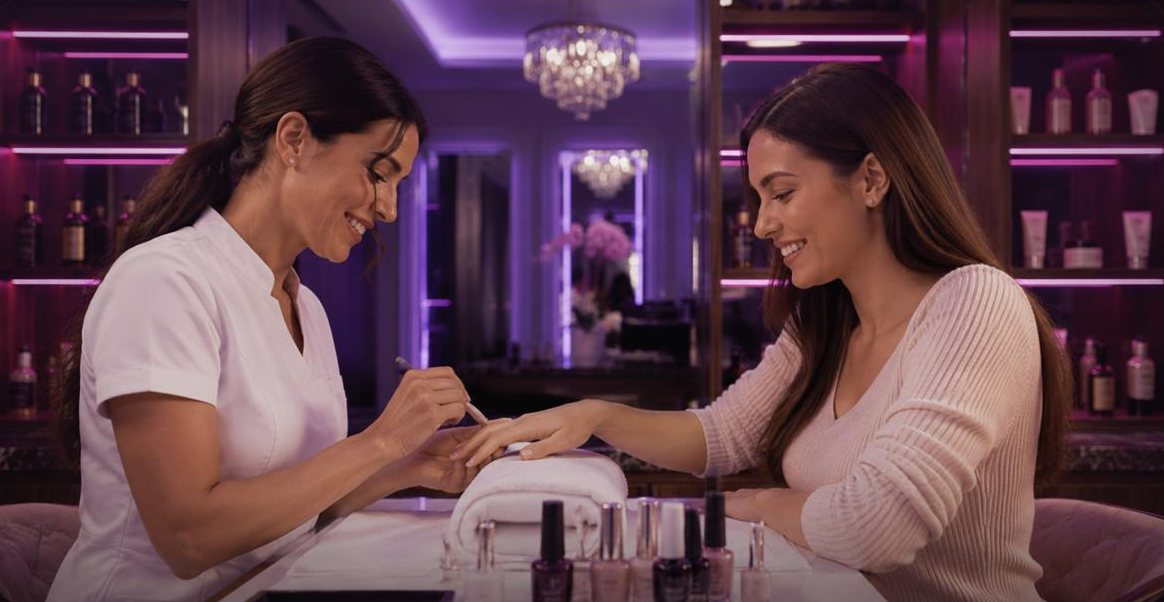 Estetista che esegue una manicure a una cliente soddisfatta nel suo centro estetico